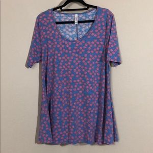 Blue w/ pink polka dot print M Lularoe Perfect Tee